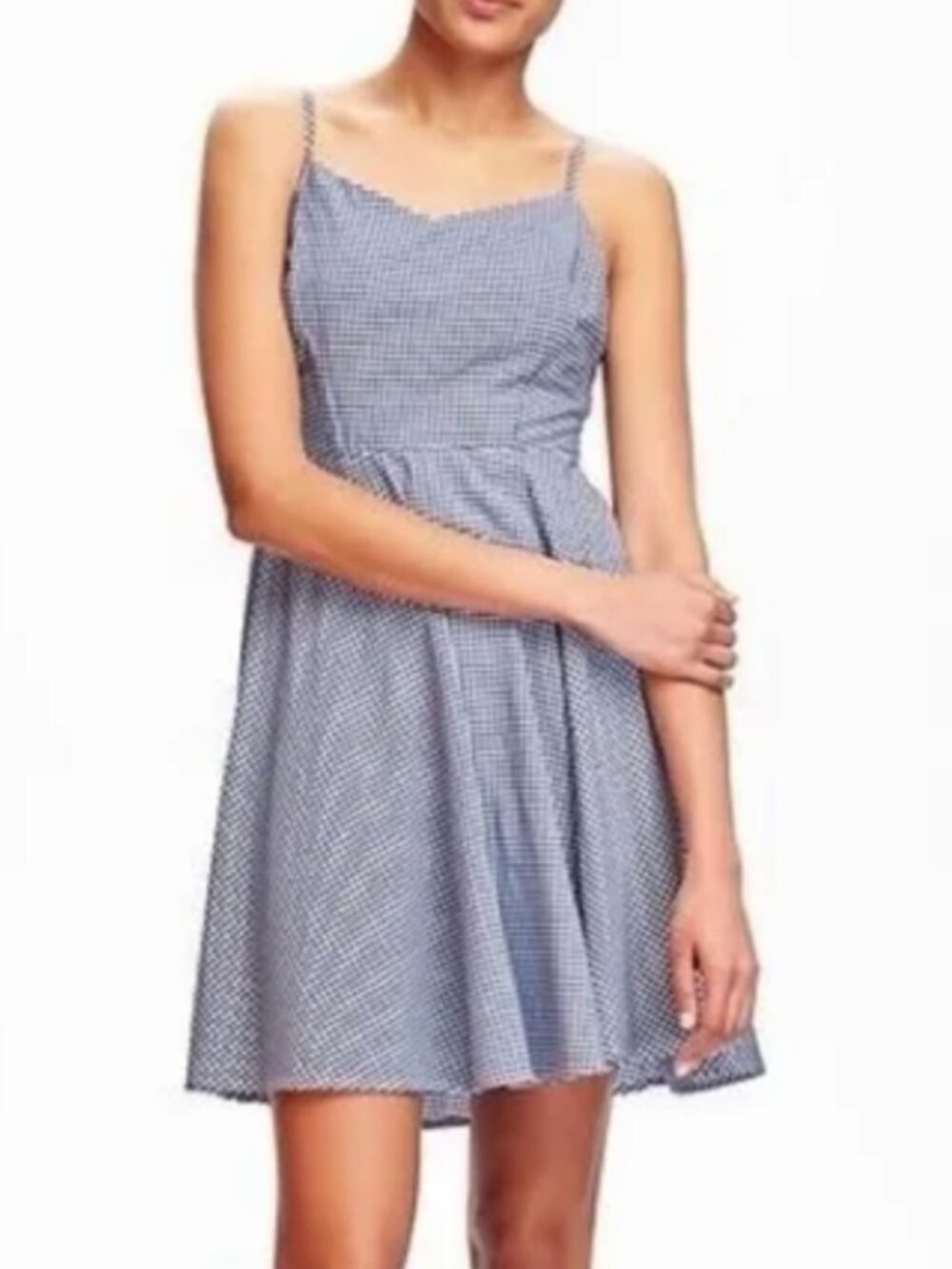 Old Navy Fit Flare Cami Blue White Gingham Smocked Summer Swing Mini Dress (L)